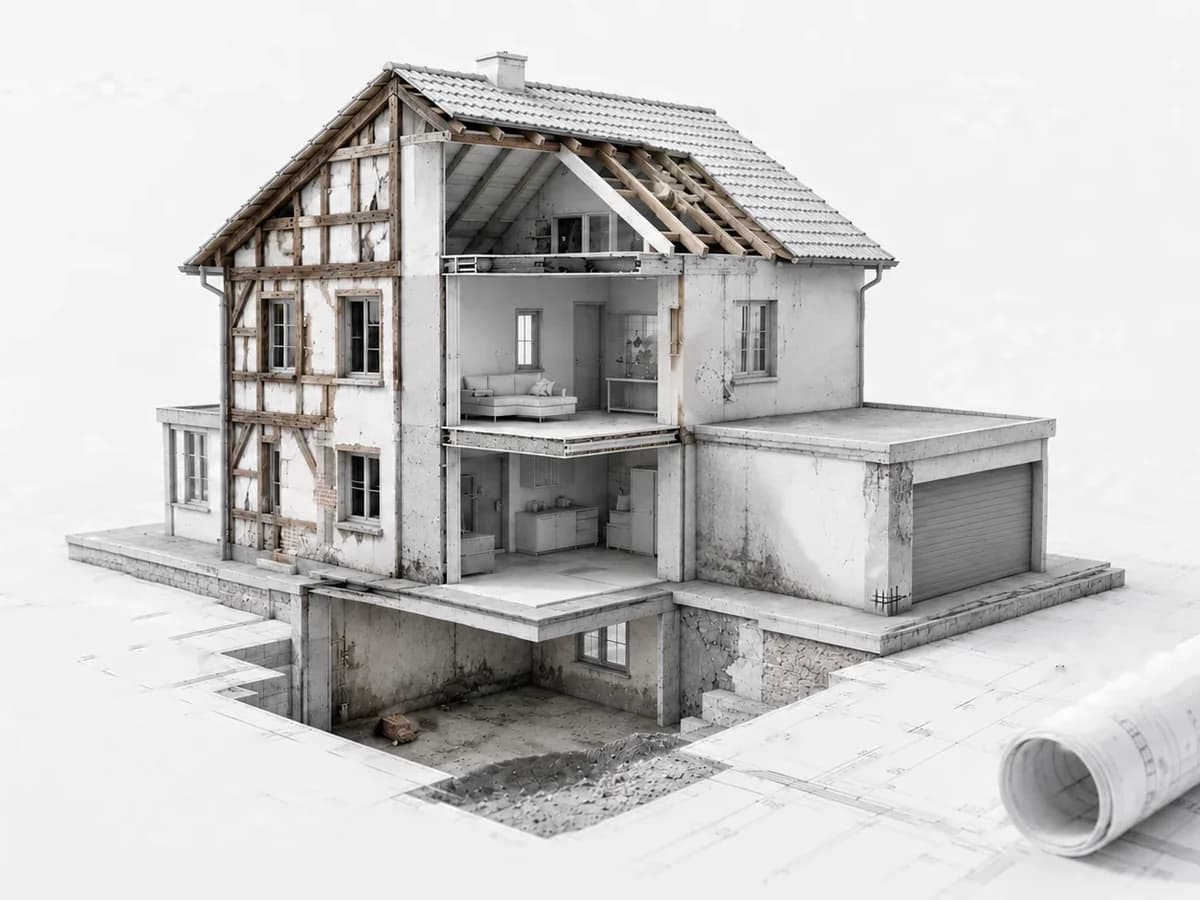 Aufgeschnittenes Wohnhaus vom Keller bis zum Dachstuhl – die Bereiche, in denen Bauschäden typischerweise auftreten