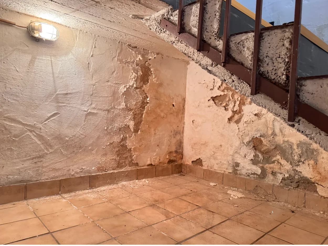 Feuchteschaden mit Putzabplatzungen an der Wand unterhalb der Kellertreppe