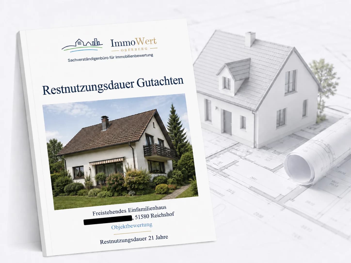 Deckblatt eines Restnutzungsdauergutachtens von ImmoWert Oberberg für ein Objekt in Reichshof