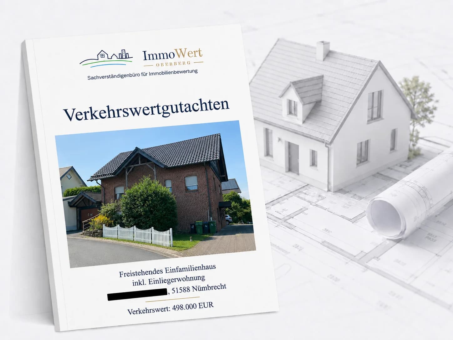 Deckblatt eines Verkehrswertgutachtens von ImmoWert Oberberg für ein Einfamilienhaus mit Einliegerwohnung